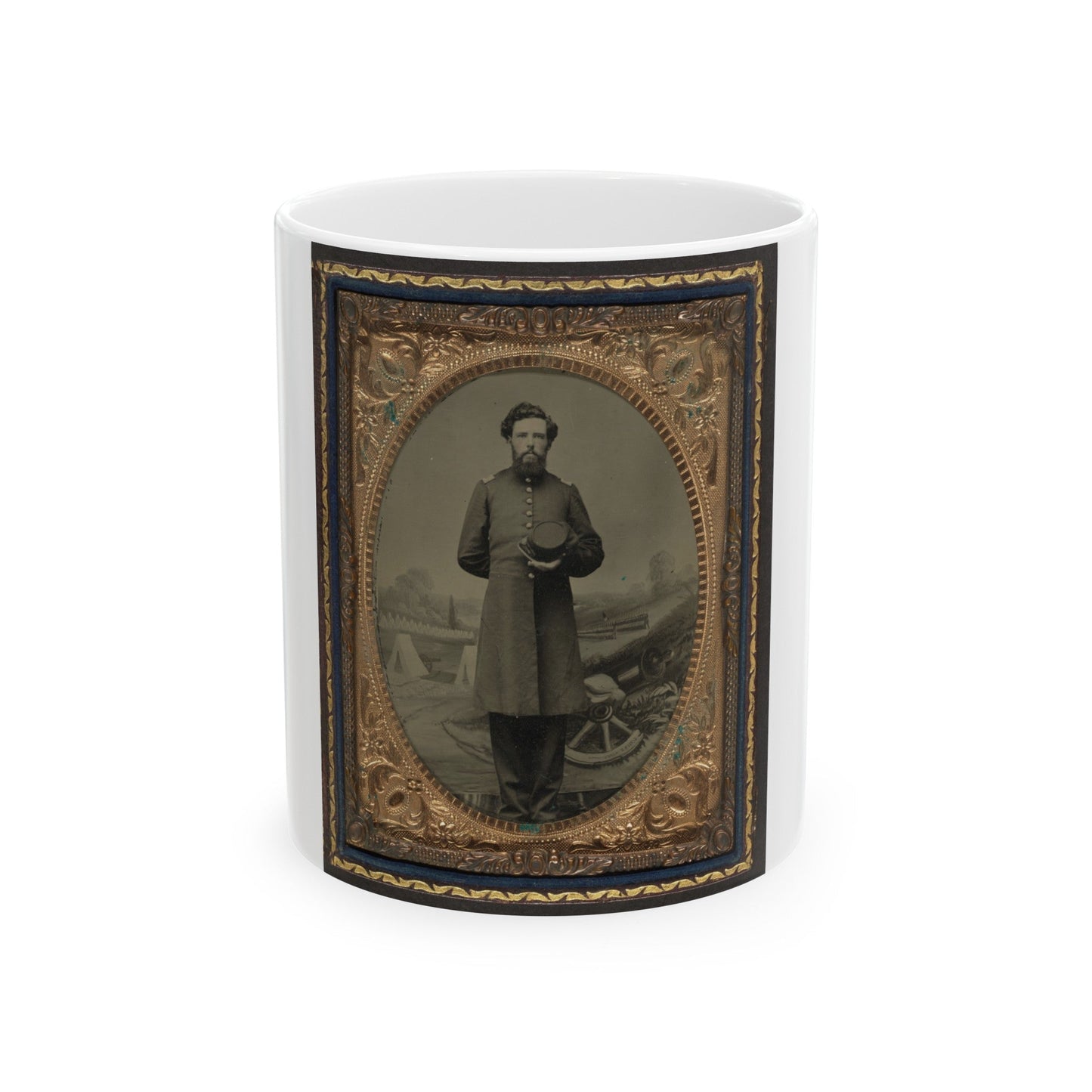 Unidentified Soldier In Union Frock Coat With Hat In Front Of Painted Backdrop Showing Military Camp Scene (U.S. Civil War) White Coffee Mug-11oz-The Sticker Space