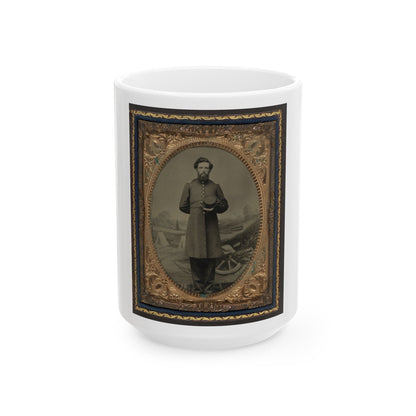 Unidentified Soldier In Union Frock Coat With Hat In Front Of Painted Backdrop Showing Military Camp Scene (U.S. Civil War) White Coffee Mug-15oz-The Sticker Space