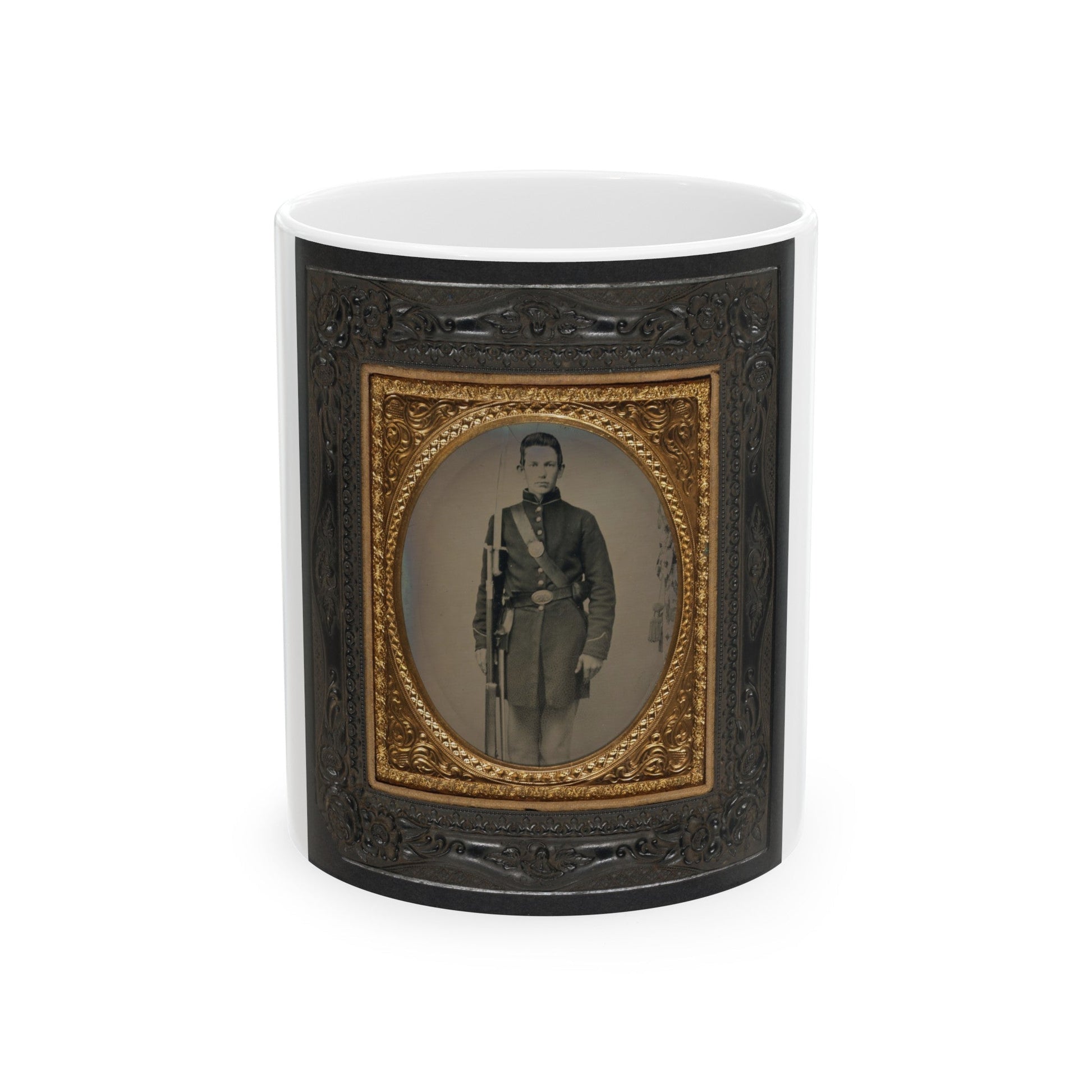 Unidentified Soldier In Union Frock Coat With Musket And Attached Sword Bayonet (U.S. Civil War) White Coffee Mug-11oz-The Sticker Space