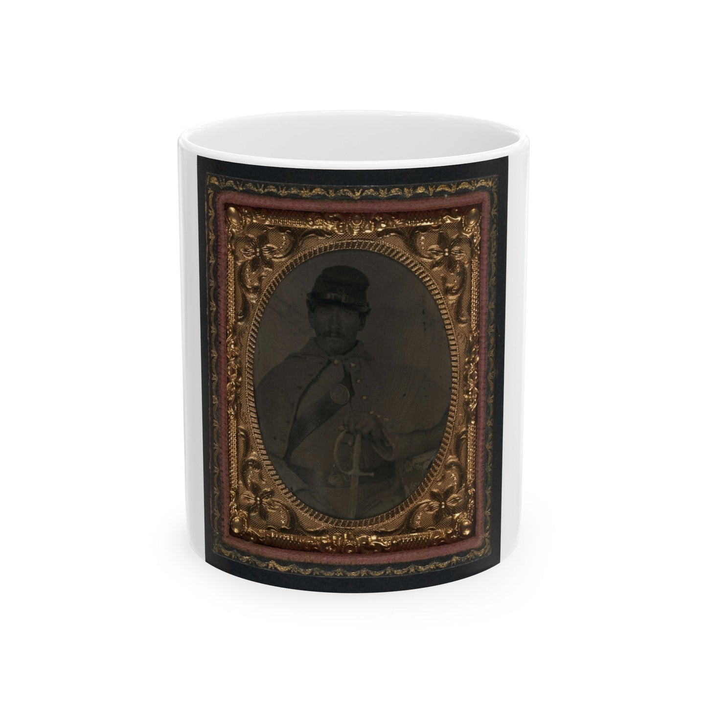 Unidentified Soldier In Union Great Coat And Company D Forage Hat With Sword (U.S. Civil War) White Coffee Mug-11oz-The Sticker Space