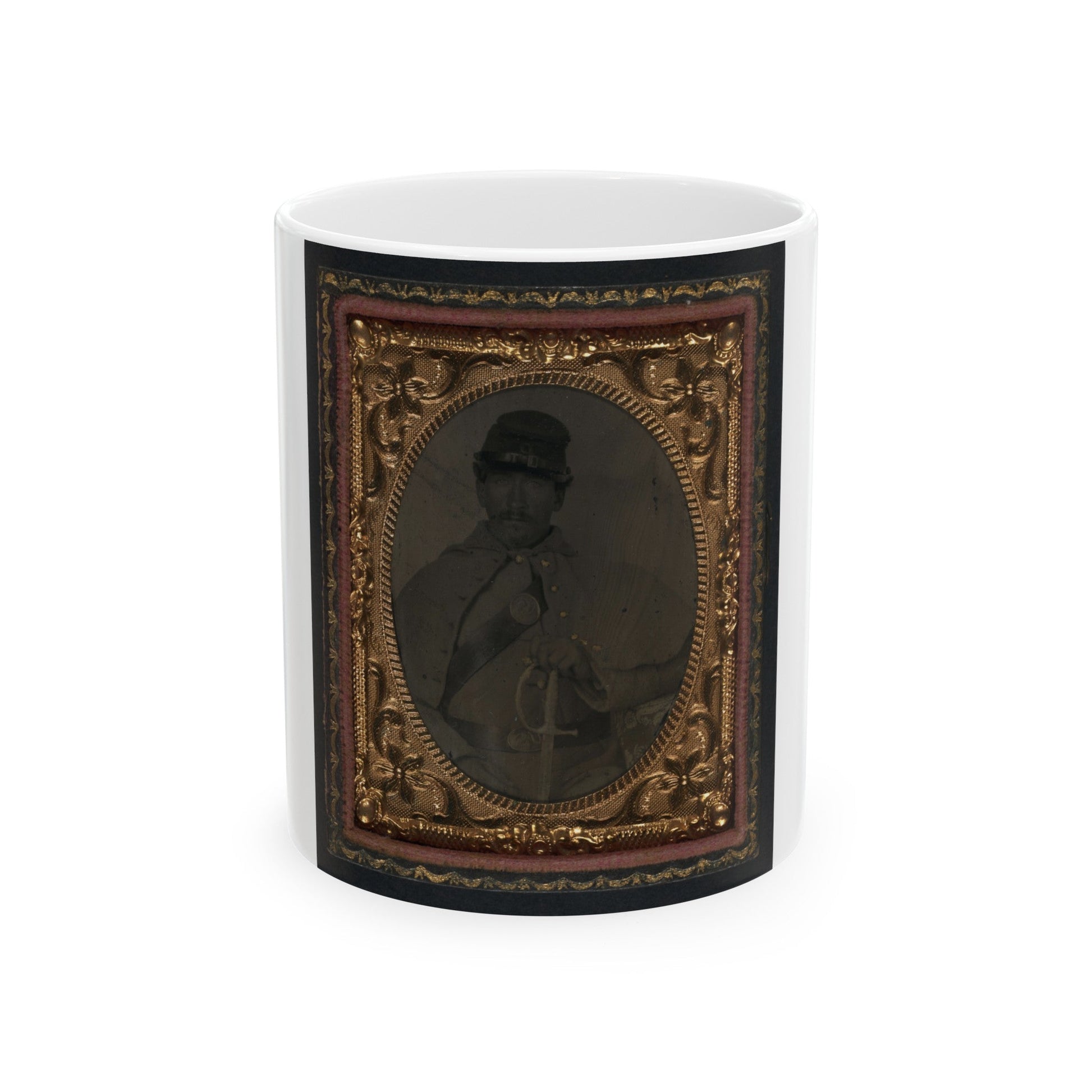 Unidentified Soldier In Union Great Coat And Company D Forage Hat With Sword (U.S. Civil War) White Coffee Mug-11oz-The Sticker Space