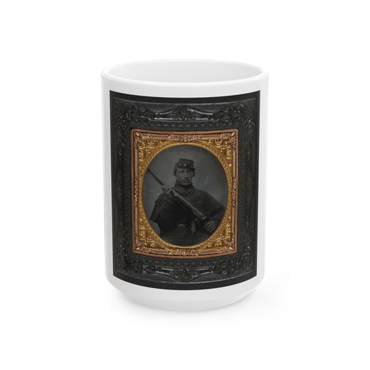 Unidentified Soldier In Union Greatcoat And Company C Forage Cap With Musket (U.S. Civil War) White Coffee Mug-15oz-The Sticker Space