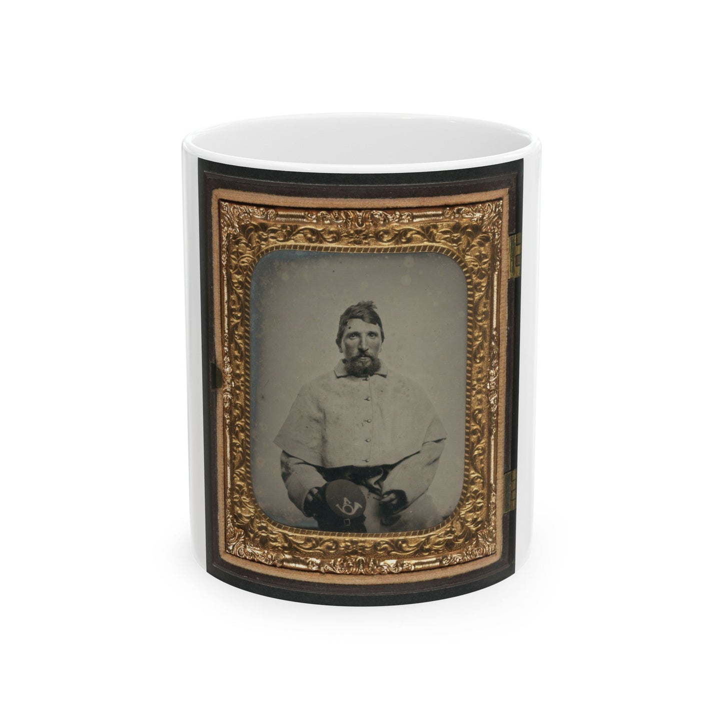 Unidentified Soldier In Union Greatcoat Holding Kepi With Infantry Company A Insignia (U.S. Civil War) White Coffee Mug-11oz-The Sticker Space