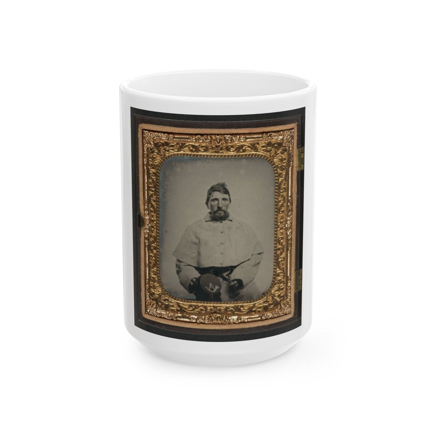 Unidentified Soldier In Union Greatcoat Holding Kepi With Infantry Company A Insignia (U.S. Civil War) White Coffee Mug-15oz-The Sticker Space