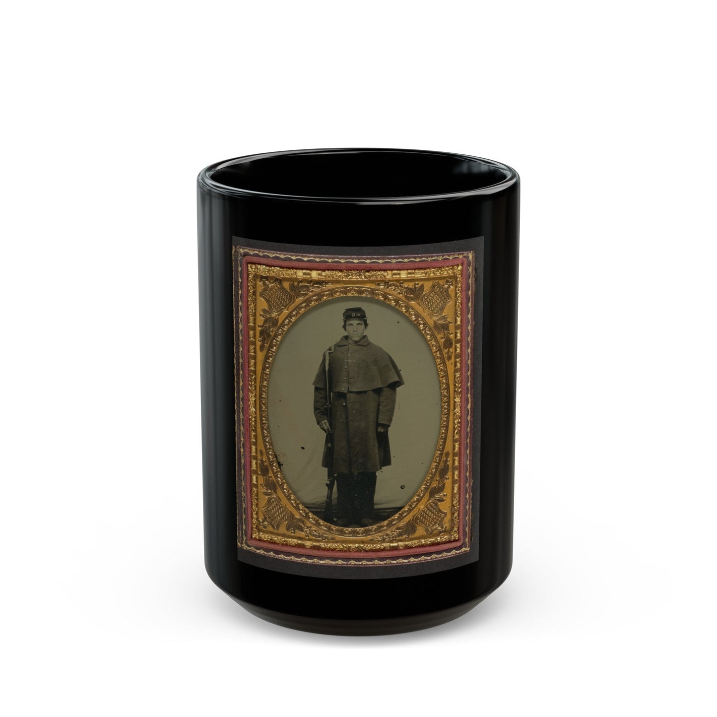 Unidentified Soldier In Union Greatcoat With Forage Hat Standing With Bayoneted Musket (U.S. Civil War) Black Coffee Mug-15oz-The Sticker Space