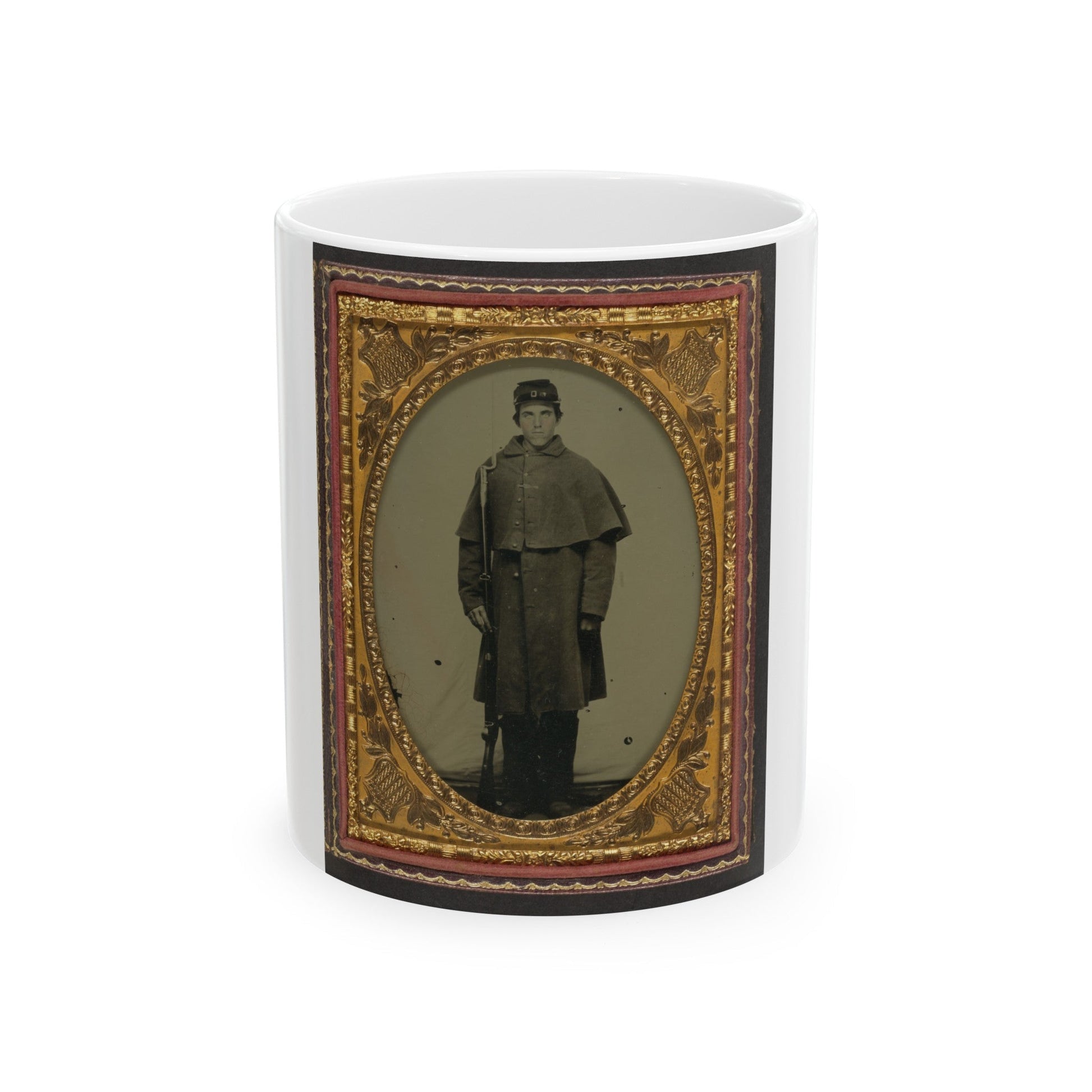 Unidentified Soldier In Union Greatcoat With Forage Hat Standing With Bayoneted Musket (U.S. Civil War) White Coffee Mug-11oz-The Sticker Space