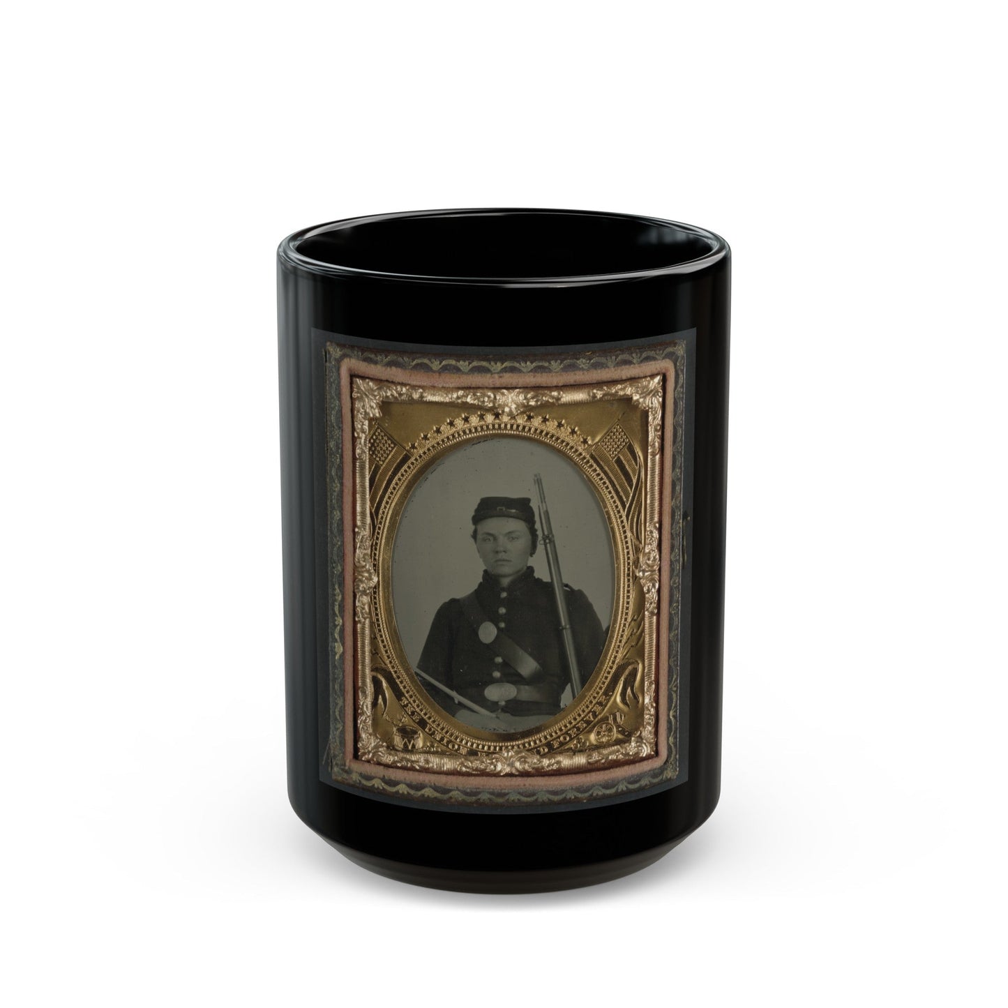 Unidentified Soldier In Union Infantry Uniform And State Of New York Beltplate With Musket (U.S. Civil War) Black Coffee Mug-15oz-The Sticker Space