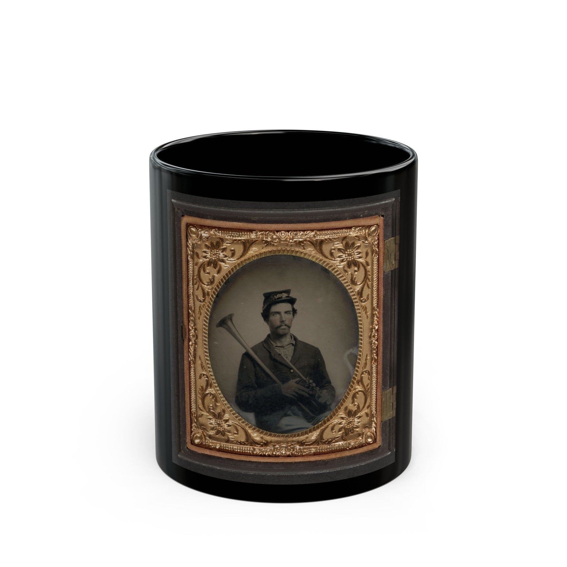 Unidentified Soldier In Union Infantry Uniform With Saxhorn (U.S. Civil War) Black Coffee Mug-11oz-The Sticker Space