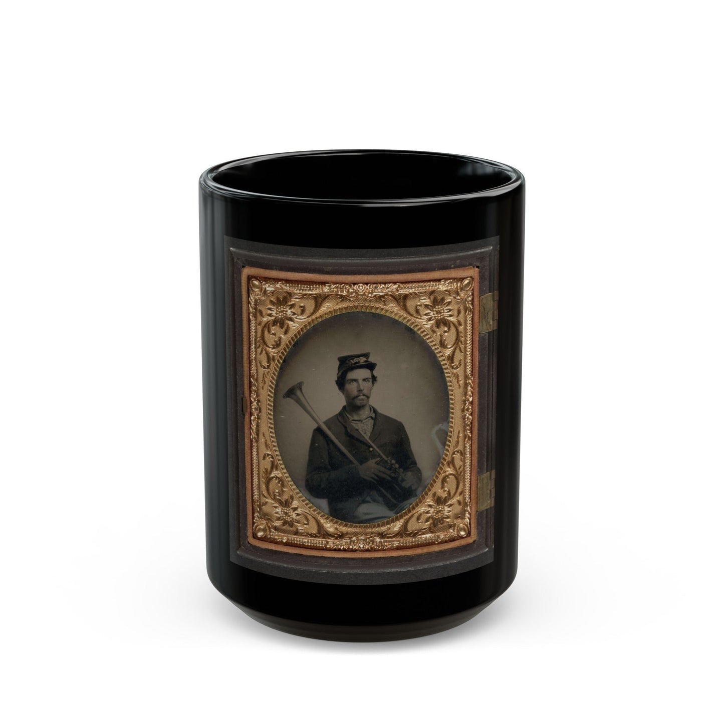 Unidentified Soldier In Union Infantry Uniform With Saxhorn (U.S. Civil War) Black Coffee Mug-15oz-The Sticker Space