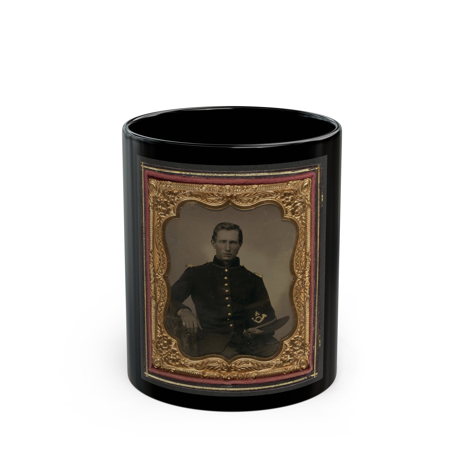 Unidentified Soldier In Union Infantry Uniform With Shoulder Scales Holding Hardee Hat With Company A Insignia (U.S. Civil War) Black Coffee Mug-11oz-The Sticker Space