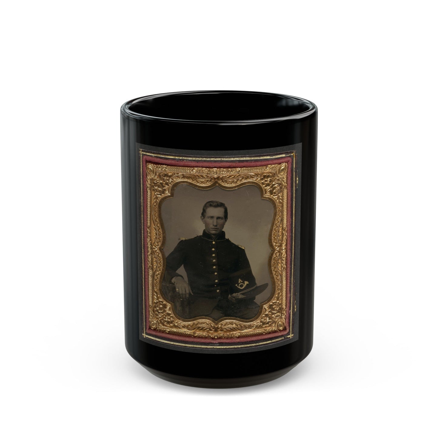 Unidentified Soldier In Union Infantry Uniform With Shoulder Scales Holding Hardee Hat With Company A Insignia (U.S. Civil War) Black Coffee Mug-15oz-The Sticker Space