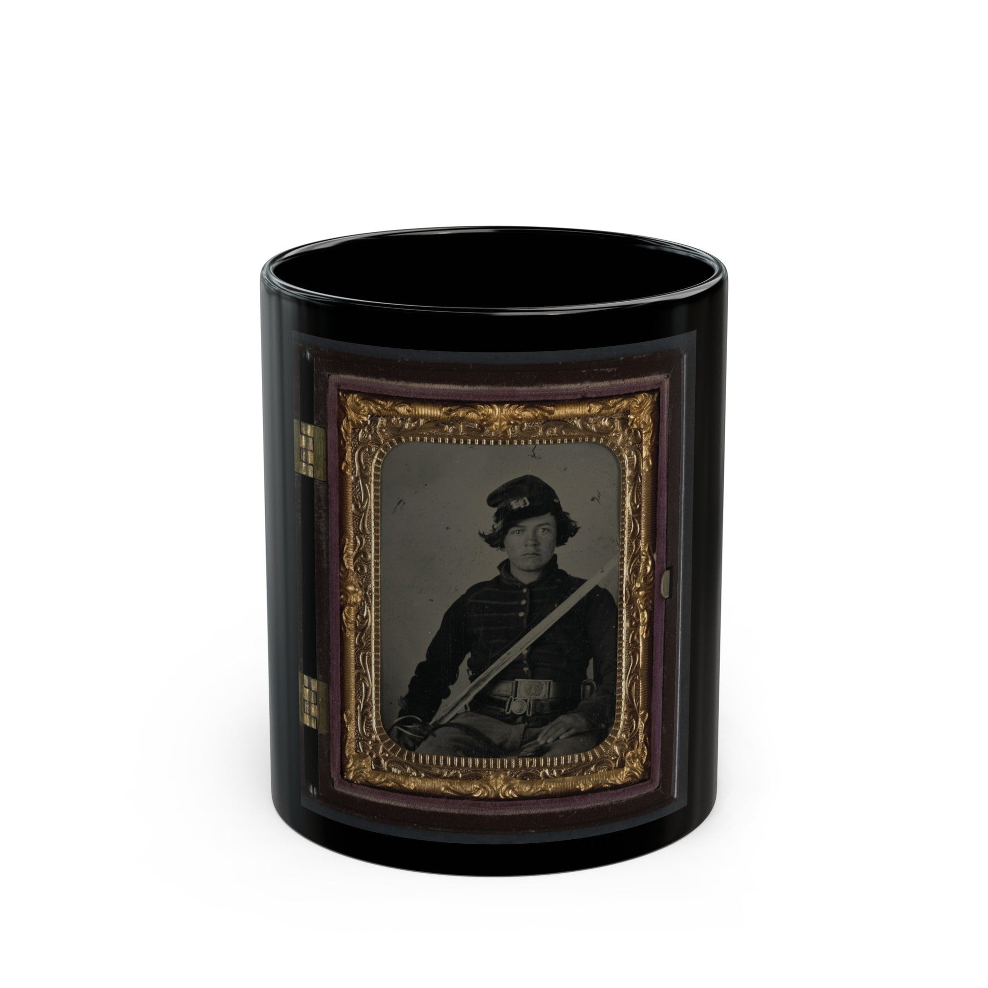 Unidentified Soldier In Union Musician Uniform And Two Belts With Cavalry Saber (U.S. Civil War) Black Coffee Mug-11oz-The Sticker Space