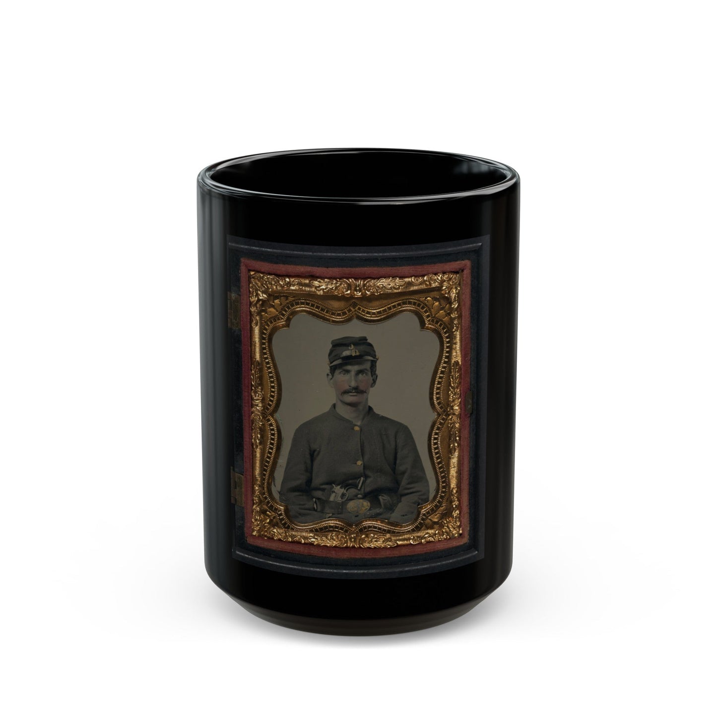 Unidentified Soldier In Union Sack Coat And Company C Forage Cap With Colt Revolver (U.S. Civil War) Black Coffee Mug-15oz-The Sticker Space