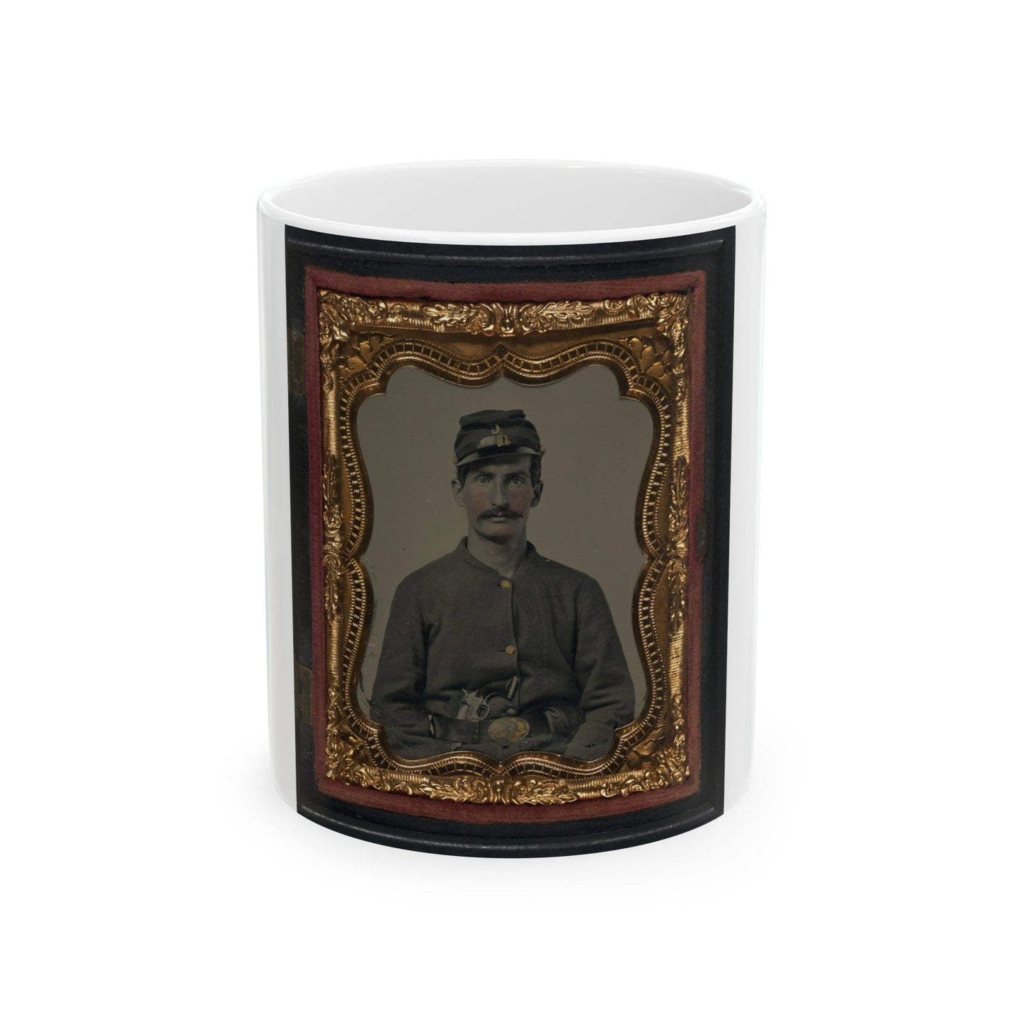 Unidentified Soldier In Union Sack Coat And Company C Forage Cap With Colt Revolver (U.S. Civil War) White Coffee Mug-11oz-The Sticker Space