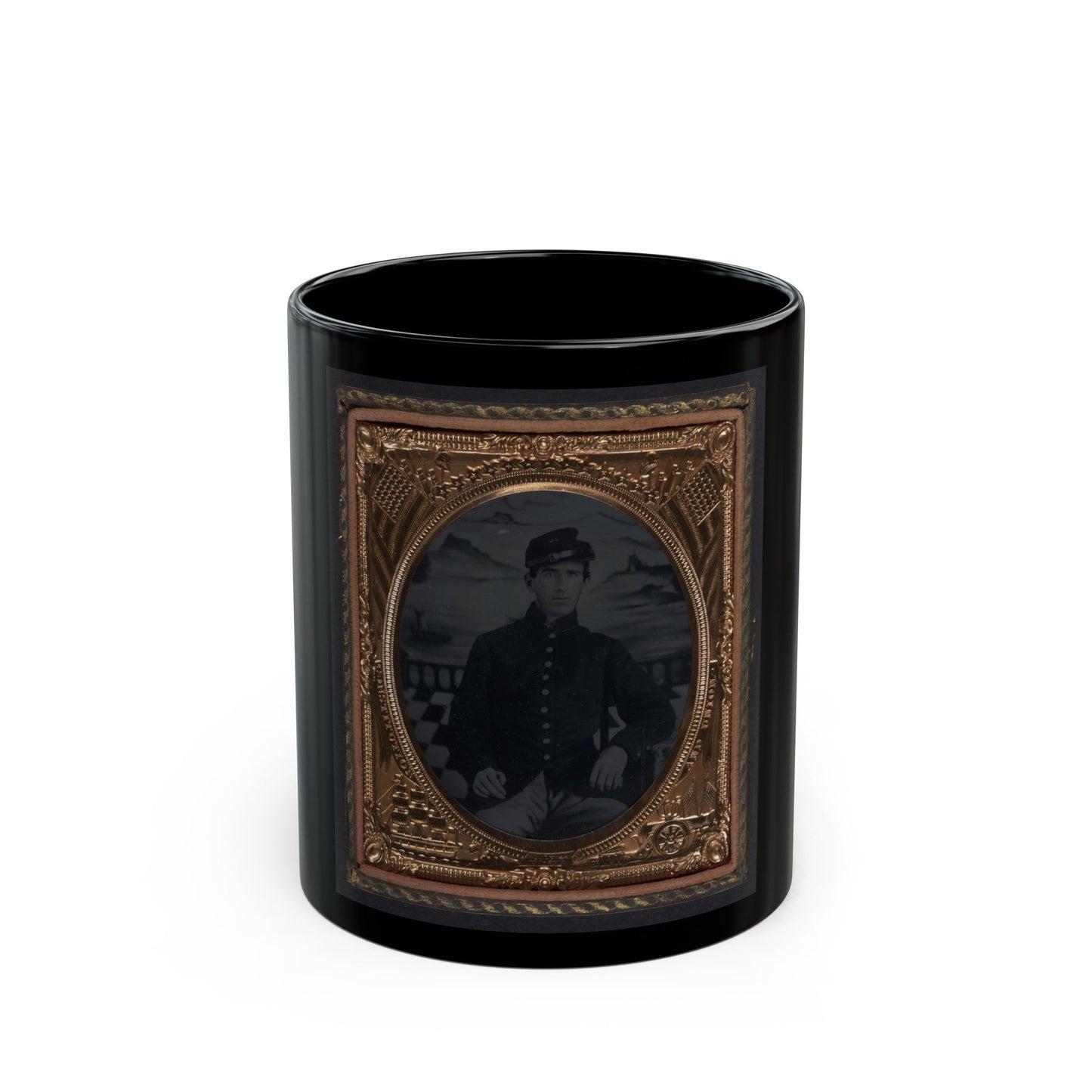 Unidentified Soldier In Union Sack Coat And Forage Cap In Front Painted Backdrop Showing Seascape (U.S. Civil War) Black Coffee Mug-11oz-The Sticker Space