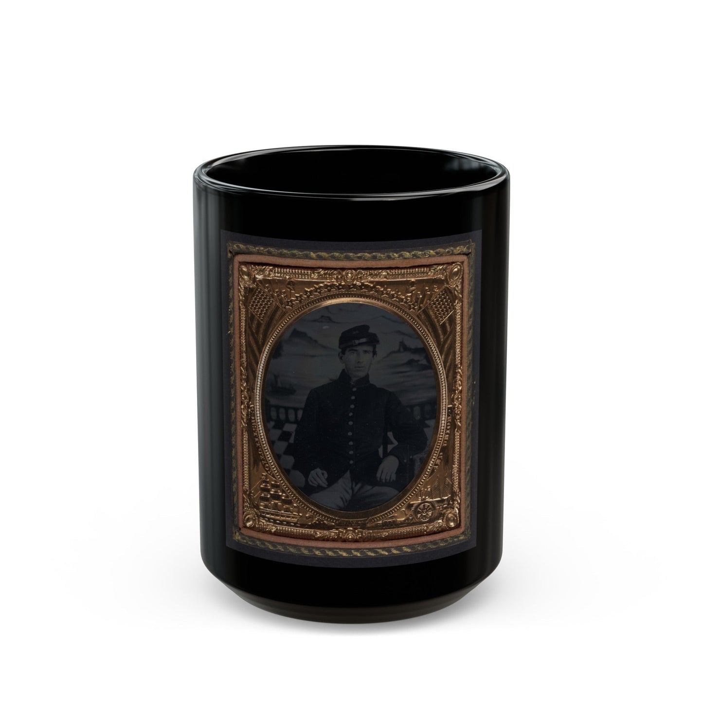 Unidentified Soldier In Union Sack Coat And Forage Cap In Front Painted Backdrop Showing Seascape (U.S. Civil War) Black Coffee Mug-15oz-The Sticker Space