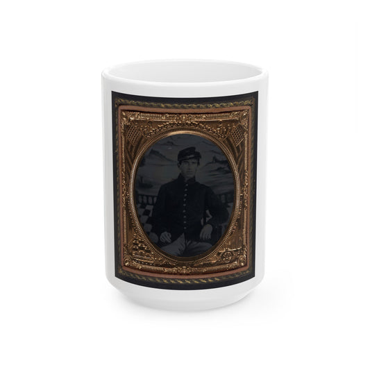 Unidentified Soldier In Union Sack Coat And Forage Cap In Front Painted Backdrop Showing Seascape (U.S. Civil War) White Coffee Mug-15oz-The Sticker Space