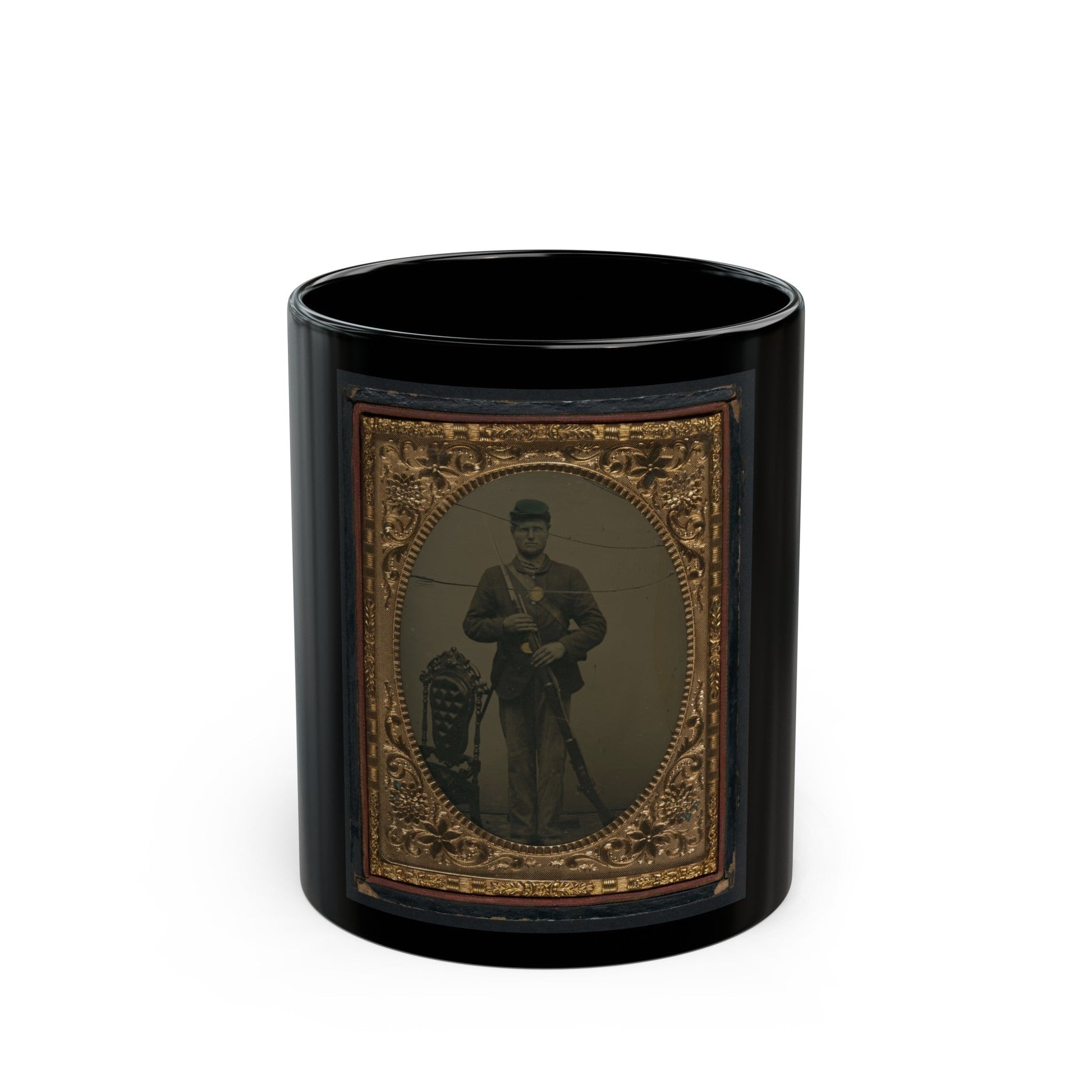 Unidentified Soldier In Union Sack Coat And Forage Cap With Bayonet Scabbard And Bayoneted Musket (U.S. Civil War) Black Coffee Mug-11oz-The Sticker Space