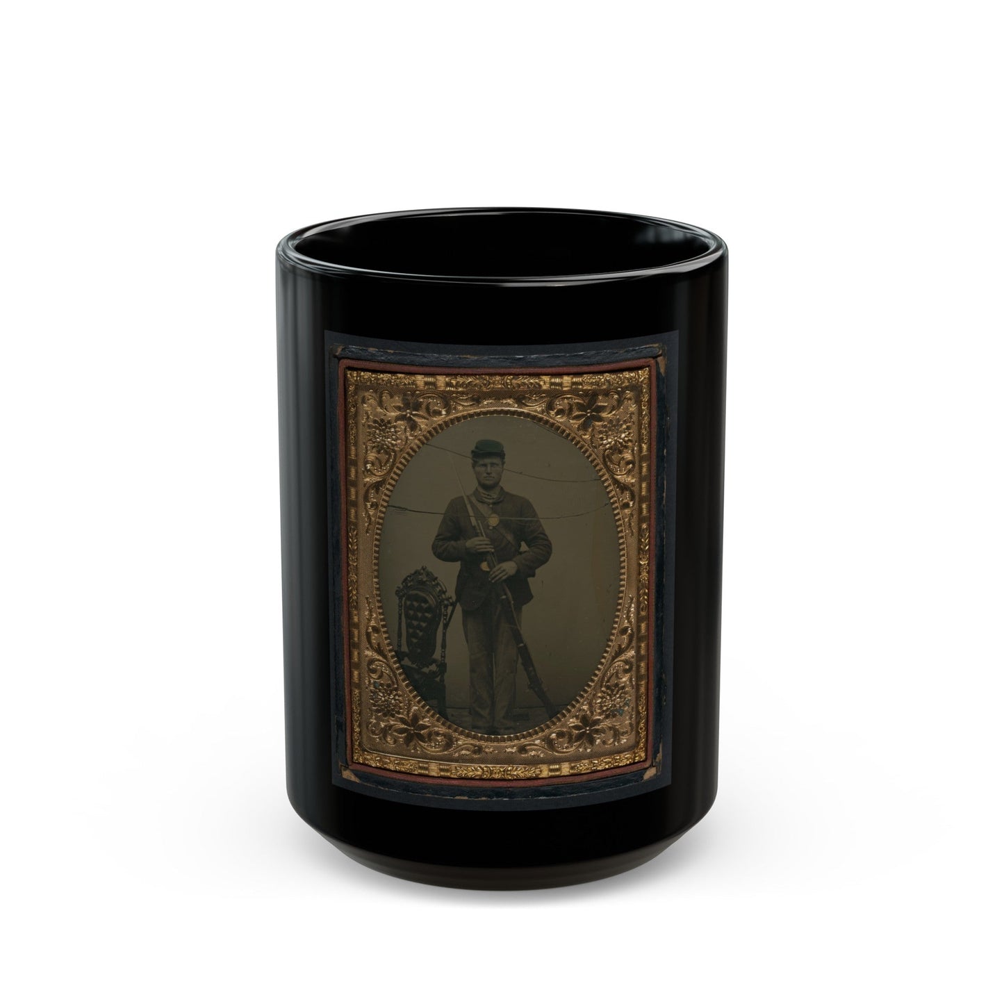 Unidentified Soldier In Union Sack Coat And Forage Cap With Bayonet Scabbard And Bayoneted Musket (U.S. Civil War) Black Coffee Mug-15oz-The Sticker Space