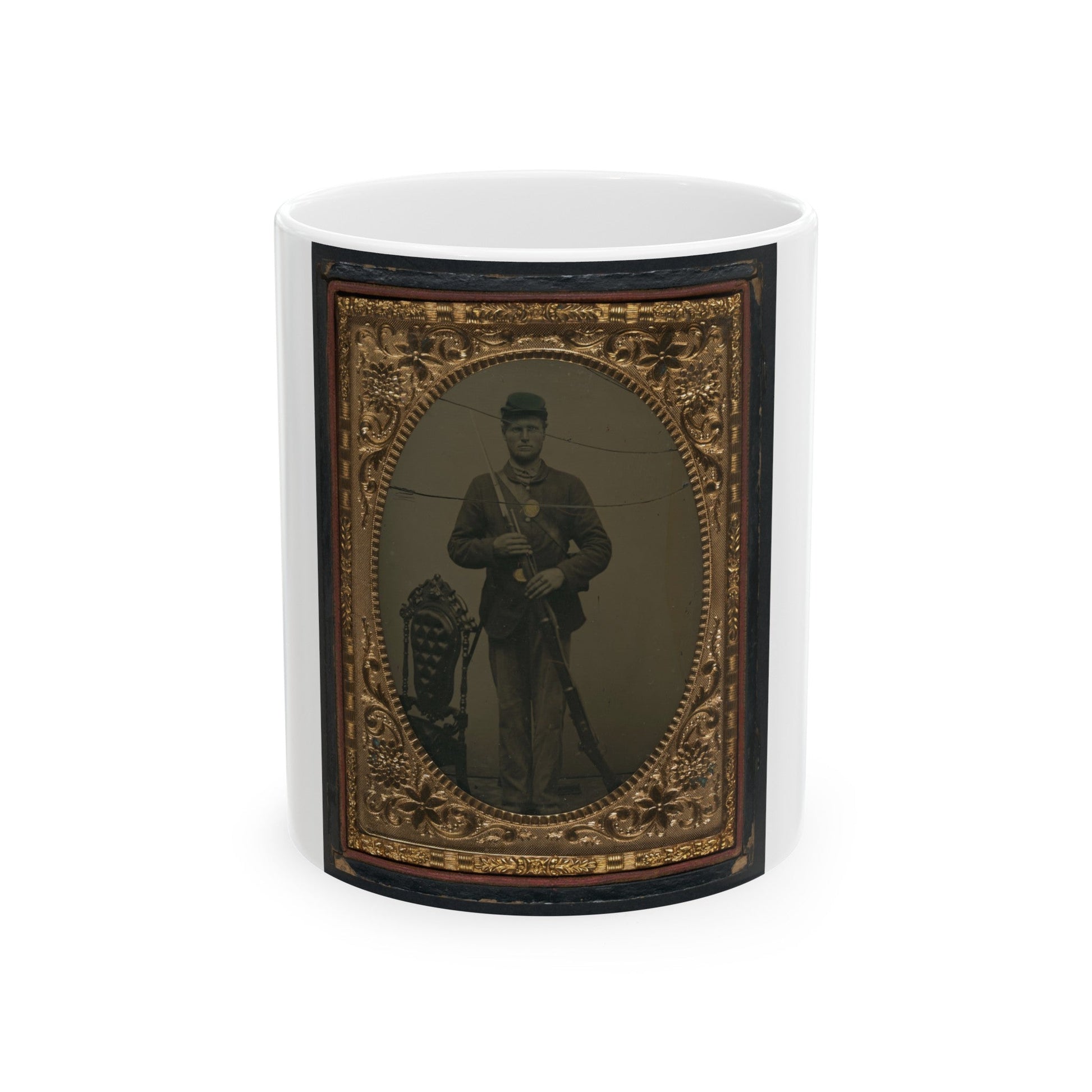 Unidentified Soldier In Union Sack Coat And Forage Cap With Bayonet Scabbard And Bayoneted Musket (U.S. Civil War) White Coffee Mug-11oz-The Sticker Space