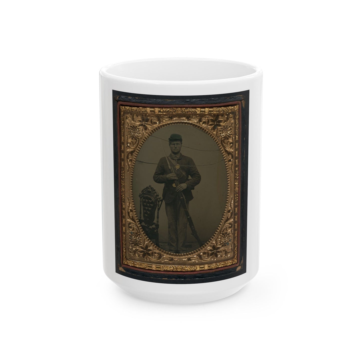 Unidentified Soldier In Union Sack Coat And Forage Cap With Bayonet Scabbard And Bayoneted Musket (U.S. Civil War) White Coffee Mug-15oz-The Sticker Space