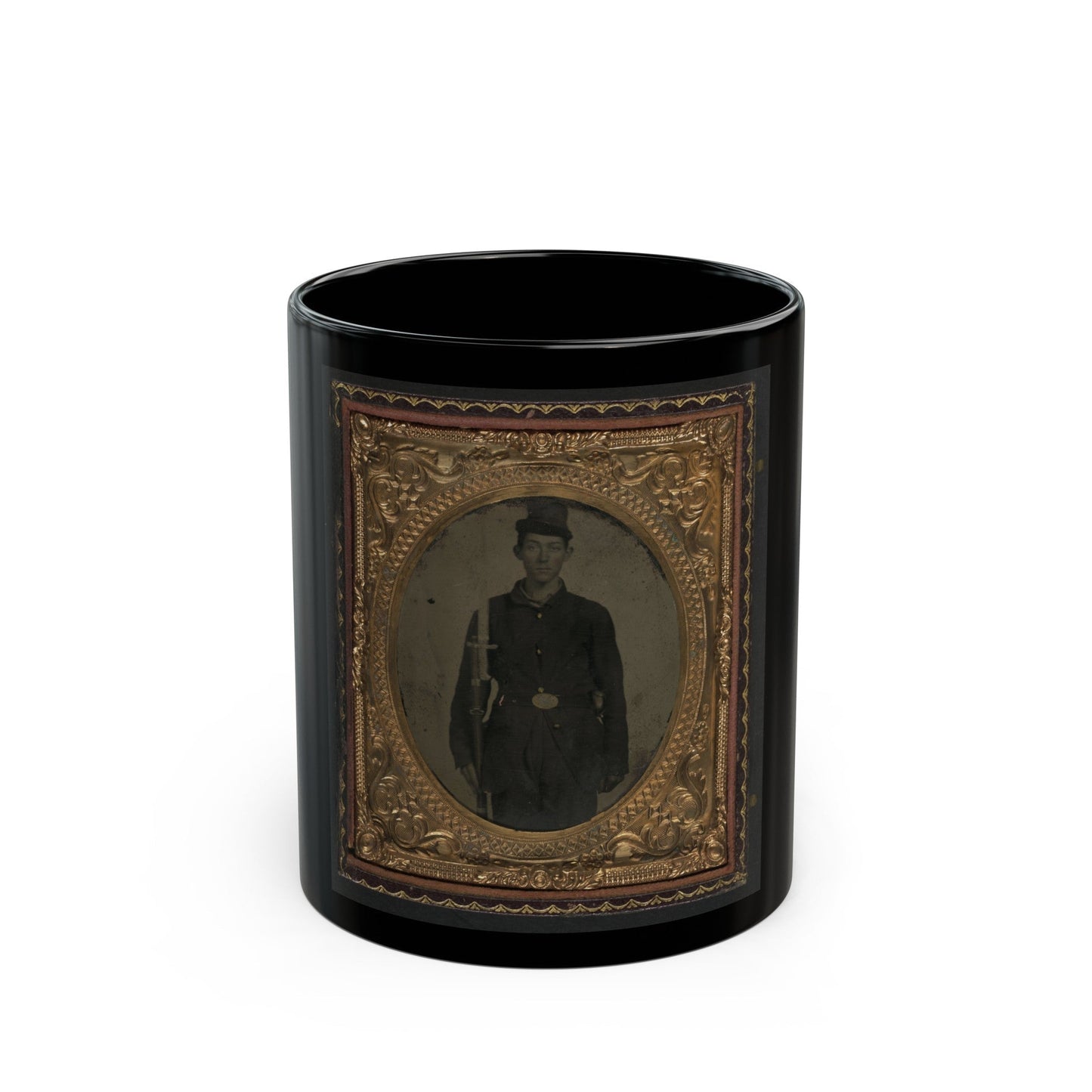 Unidentified Soldier In Union Sack Coat And Forage Cap With Cap Box, Musket, And Attached U.S. Model 1862 Zouave Sword Bayonet (U.S. Civil War) Black Coffee Mug-11oz-The Sticker Space