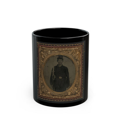 Unidentified Soldier In Union Sack Coat And Forage Cap With Cap Box, Musket, And Attached U.S. Model 1862 Zouave Sword Bayonet (U.S. Civil War) Black Coffee Mug-11oz-The Sticker Space