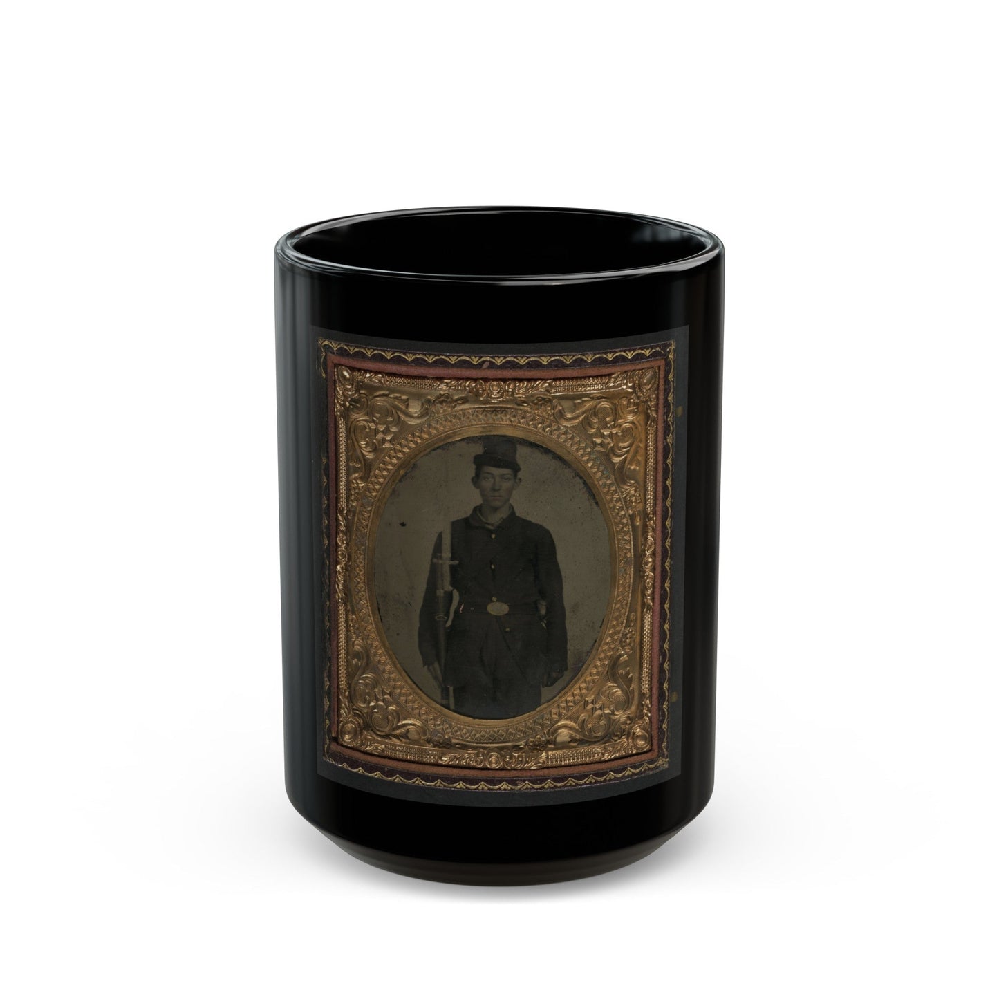 Unidentified Soldier In Union Sack Coat And Forage Cap With Cap Box, Musket, And Attached U.S. Model 1862 Zouave Sword Bayonet (U.S. Civil War) Black Coffee Mug-15oz-The Sticker Space