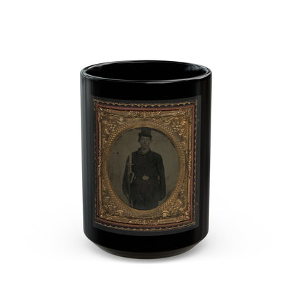 Unidentified Soldier In Union Sack Coat And Forage Cap With Cap Box, Musket, And Attached U.S. Model 1862 Zouave Sword Bayonet (U.S. Civil War) Black Coffee Mug-15oz-The Sticker Space