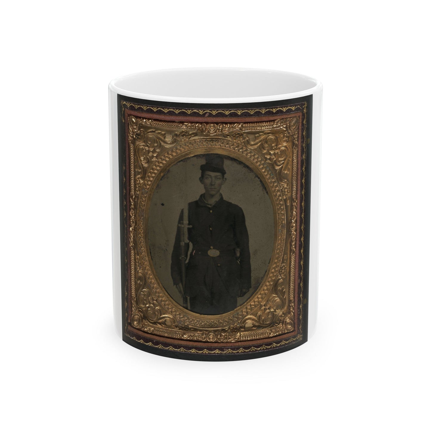 Unidentified Soldier In Union Sack Coat And Forage Cap With Cap Box, Musket, And Attached U.S. Model 1862 Zouave Sword Bayonet (U.S. Civil War) White Coffee Mug-11oz-The Sticker Space