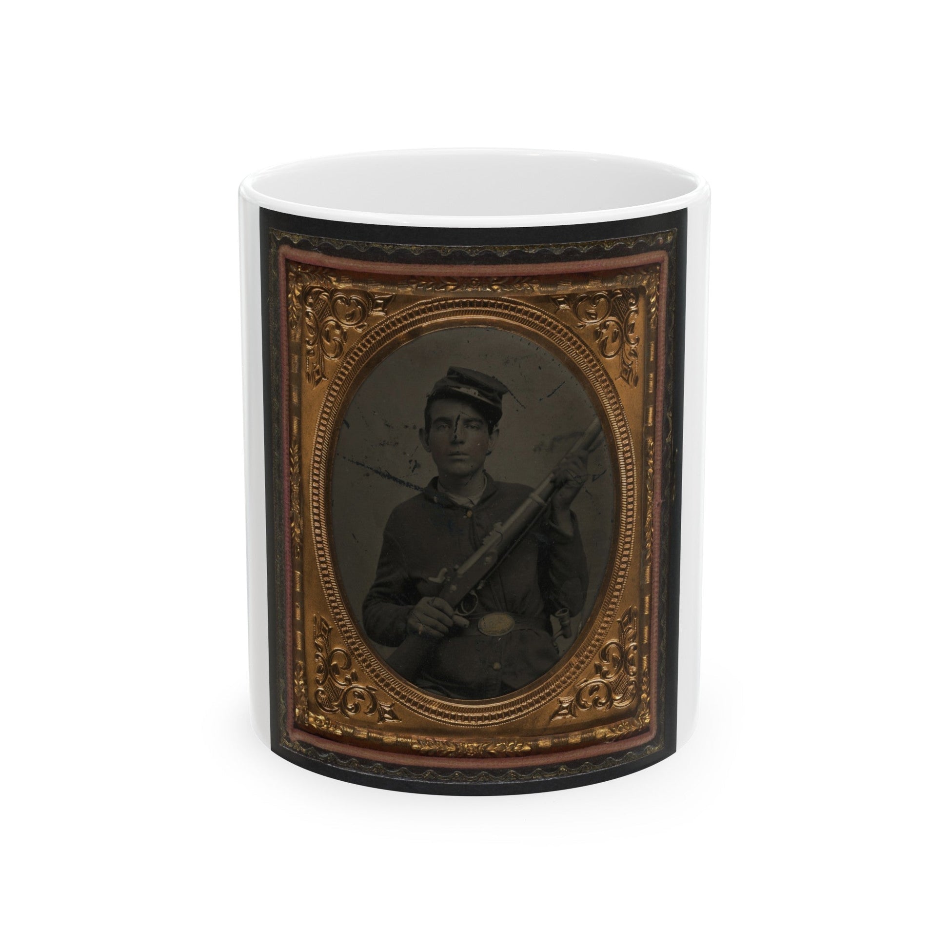 Unidentified Soldier In Union Sack Coat And Forage Cap With Musket And Scabbard (U.S. Civil War) White Coffee Mug-11oz-The Sticker Space