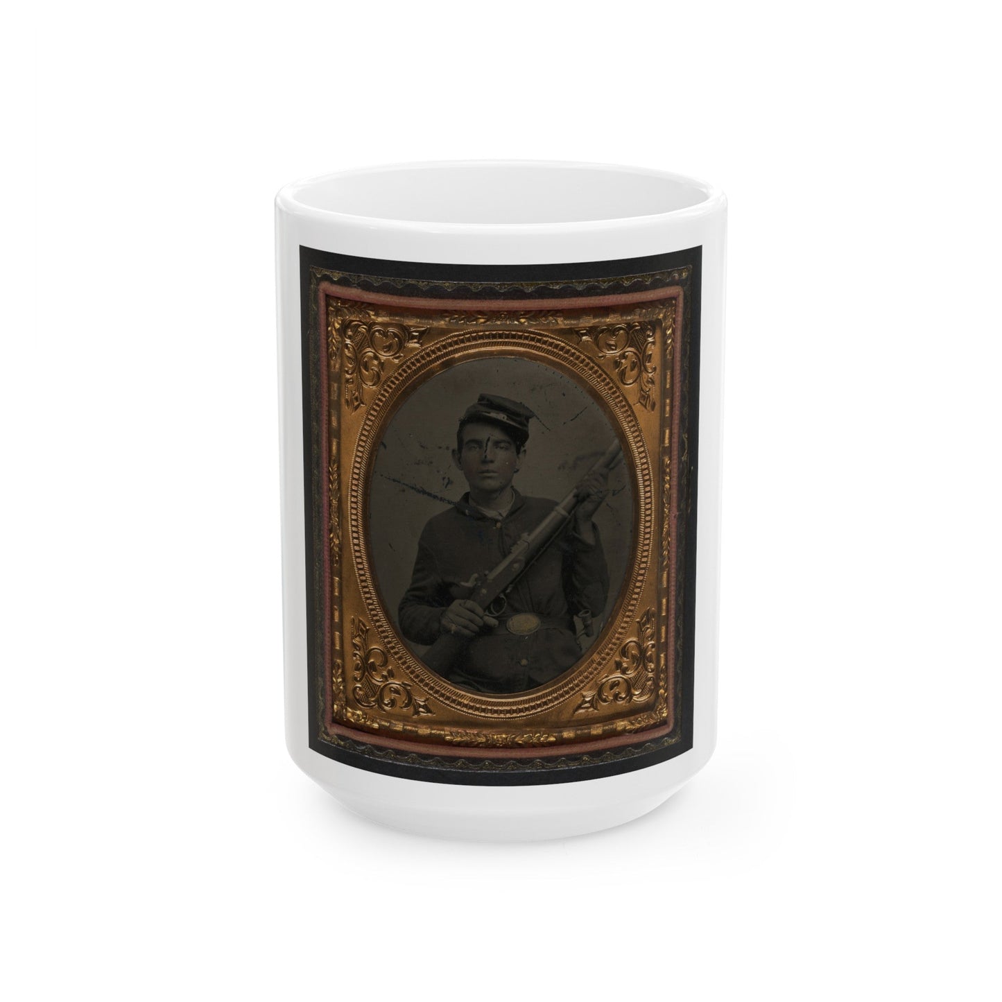 Unidentified Soldier In Union Sack Coat And Forage Cap With Musket And Scabbard (U.S. Civil War) White Coffee Mug-15oz-The Sticker Space