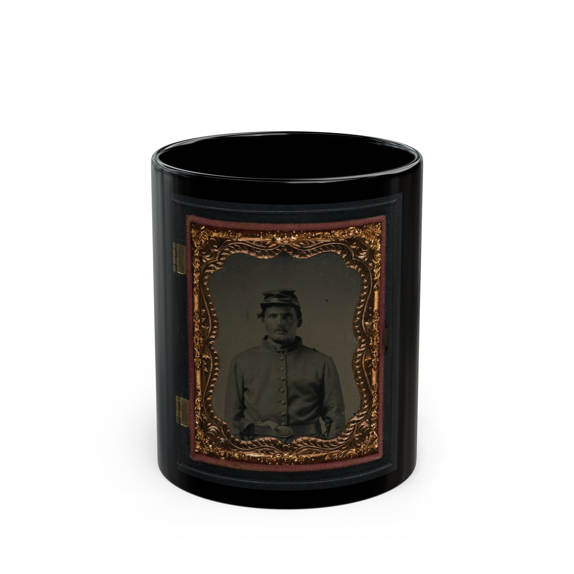 Unidentified Soldier In Union Sack Coat And Forage Cap With Revolver In Belt (U.S. Civil War) Black Coffee Mug-11oz-The Sticker Space