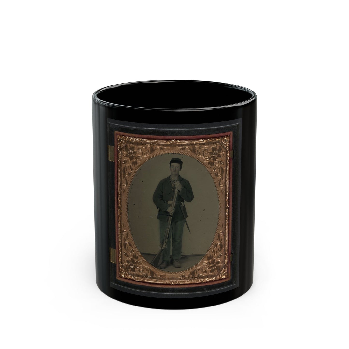 Unidentified Soldier In Union Sack Coat And Forage Hat With Cartridge Pouch, Bayonet Scabbard, And Musket (U.S. Civil War) Black Coffee Mug-11oz-The Sticker Space