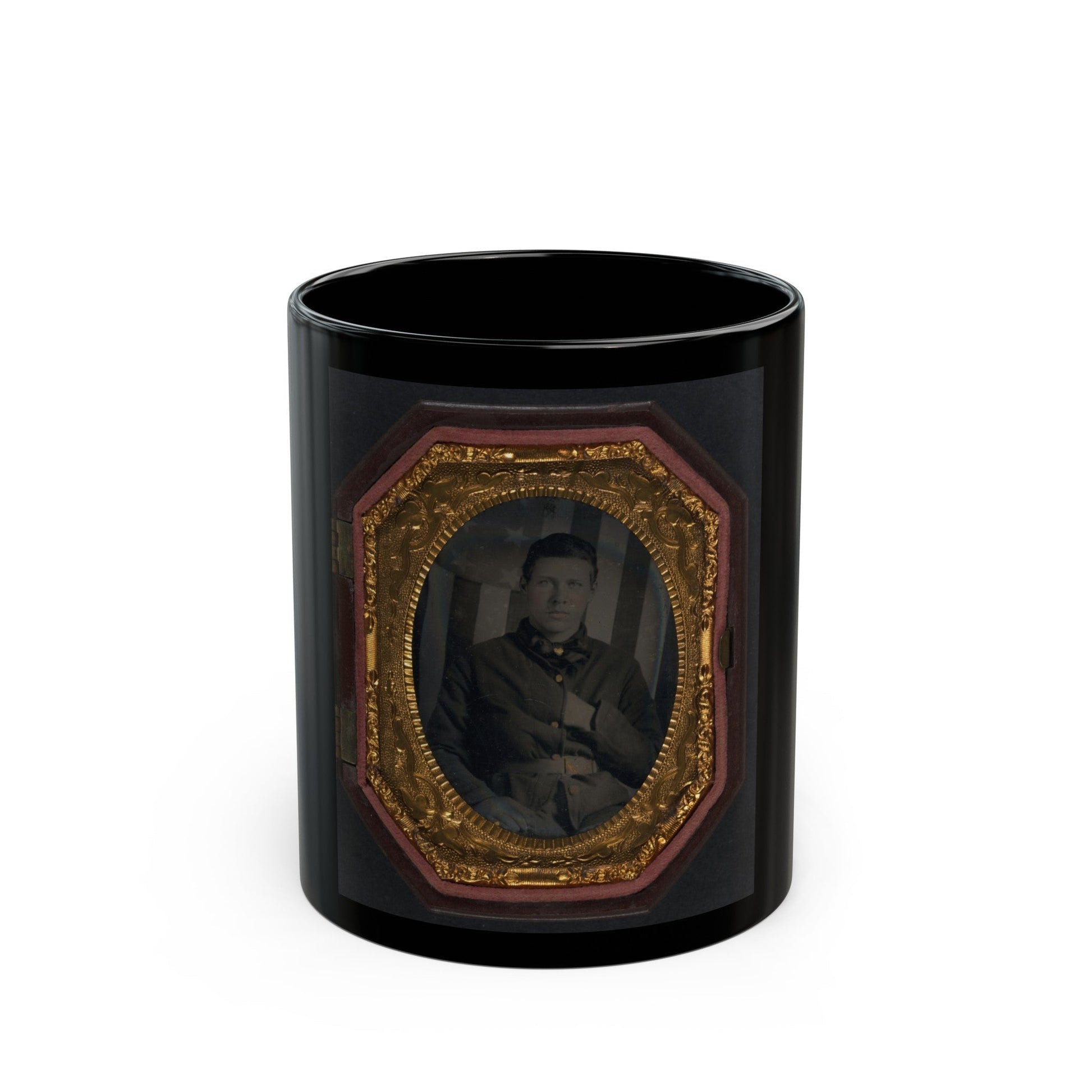 Unidentified Soldier In Union Sack Coat In Front Of American Flag Backdrop (U.S. Civil War) Black Coffee Mug-11oz-The Sticker Space