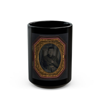 Unidentified Soldier In Union Sack Coat In Front Of American Flag Backdrop (U.S. Civil War) Black Coffee Mug-15oz-The Sticker Space