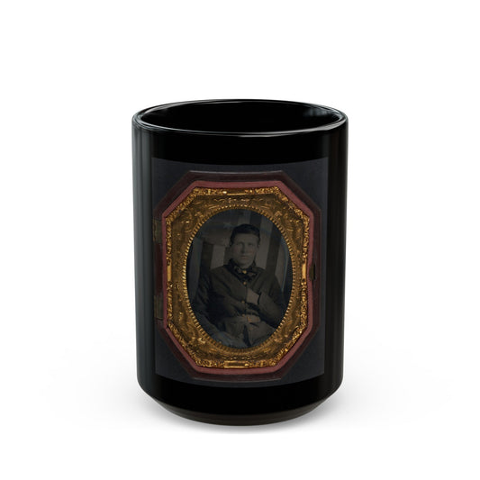 Unidentified Soldier In Union Sack Coat In Front Of American Flag Backdrop (U.S. Civil War) Black Coffee Mug-15oz-The Sticker Space