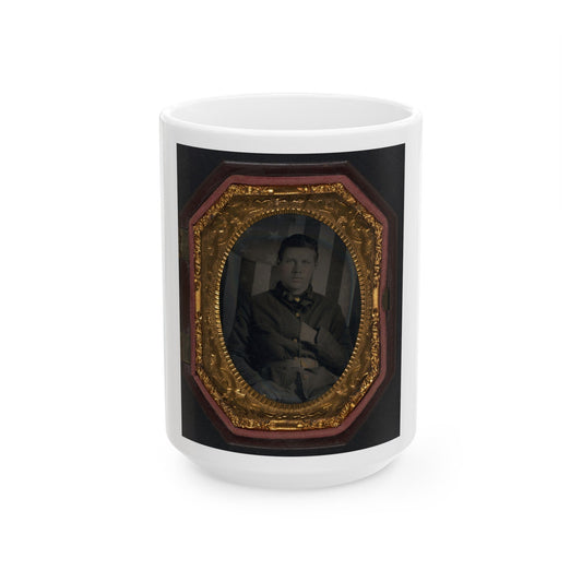 Unidentified Soldier In Union Sack Coat In Front Of American Flag Backdrop (U.S. Civil War) White Coffee Mug-15oz-The Sticker Space