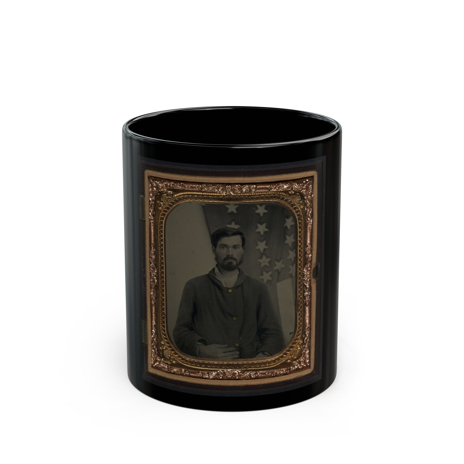 Unidentified Soldier In Union Sack Coat In Front Of American Flag (U.S. Civil War) Black Coffee Mug-11oz-The Sticker Space