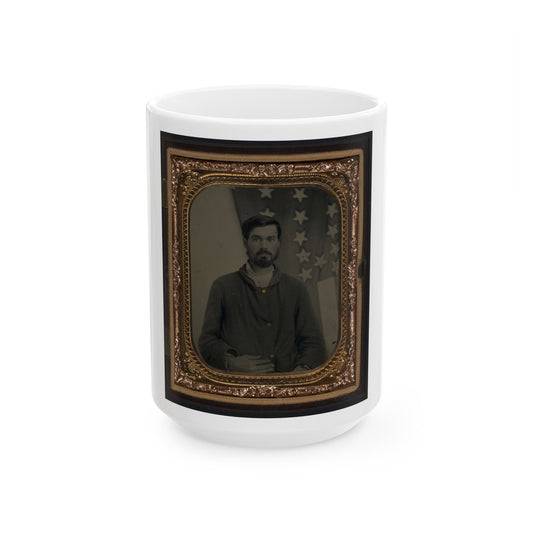 Unidentified Soldier In Union Sack Coat In Front Of American Flag (U.S. Civil War) White Coffee Mug-15oz-The Sticker Space