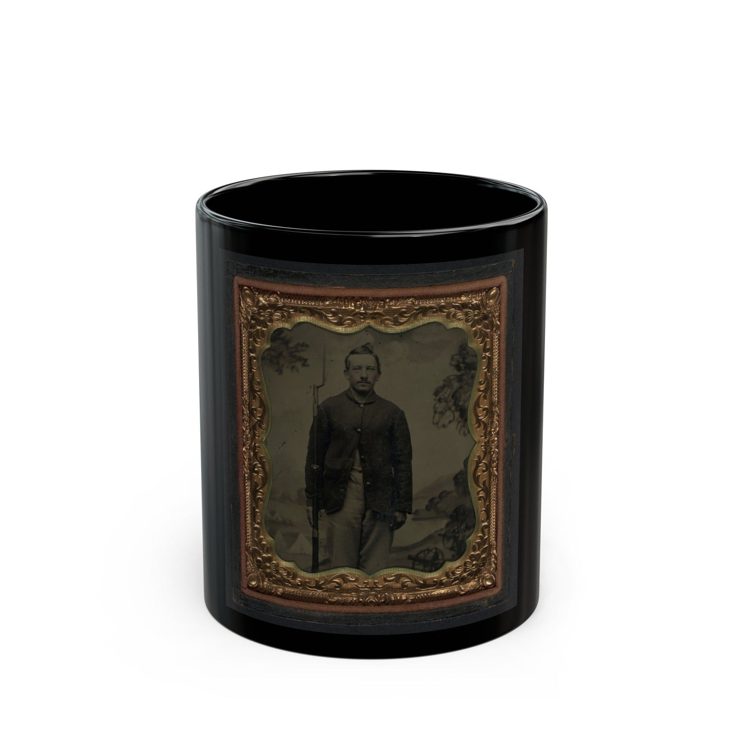 Unidentified Soldier In Union Sack Coat With Bayoneted Musket In Front Of Painted Backdrop Showing Military Camp (U.S. Civil War) Black Coffee Mug-11oz-The Sticker Space