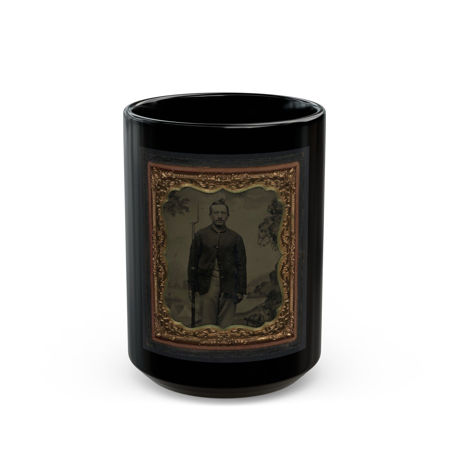 Unidentified Soldier In Union Sack Coat With Bayoneted Musket In Front Of Painted Backdrop Showing Military Camp (U.S. Civil War) Black Coffee Mug-15oz-The Sticker Space