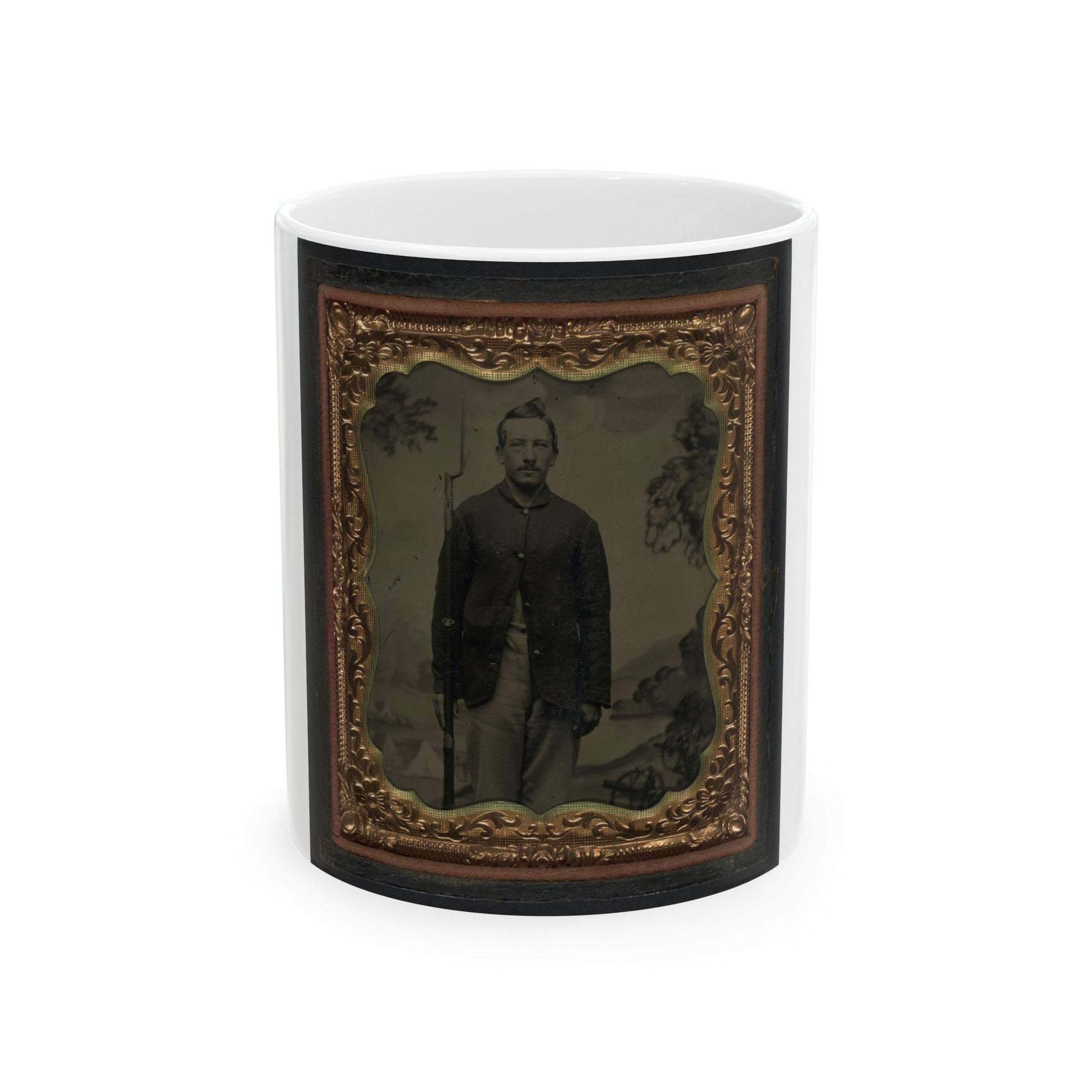 Unidentified Soldier In Union Sack Coat With Bayoneted Musket In Front Of Painted Backdrop Showing Military Camp (U.S. Civil War) White Coffee Mug-11oz-The Sticker Space