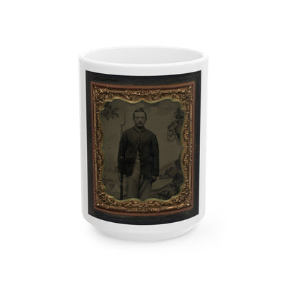 Unidentified Soldier In Union Sack Coat With Bayoneted Musket In Front Of Painted Backdrop Showing Military Camp (U.S. Civil War) White Coffee Mug-15oz-The Sticker Space