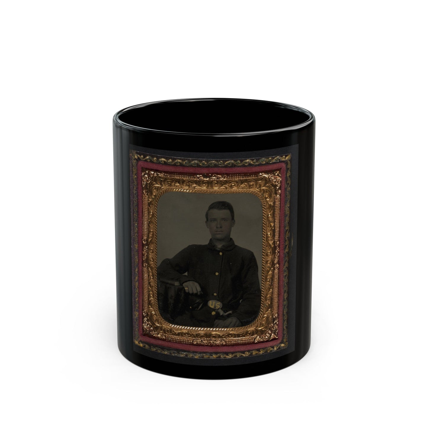 Unidentified Soldier In Union Sack Coat With Holstered Bayonet (U.S. Civil War) Black Coffee Mug-11oz-The Sticker Space