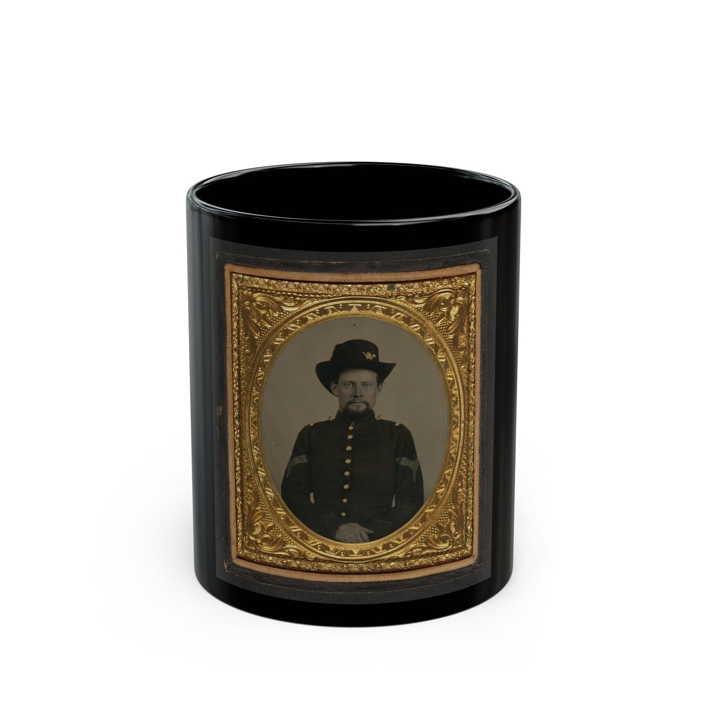 Unidentified Soldier In Union Sergeant Uniform With Hardee Hat With Infantry Insignia And Plume (U.S. Civil War) Black Coffee Mug-11oz-The Sticker Space