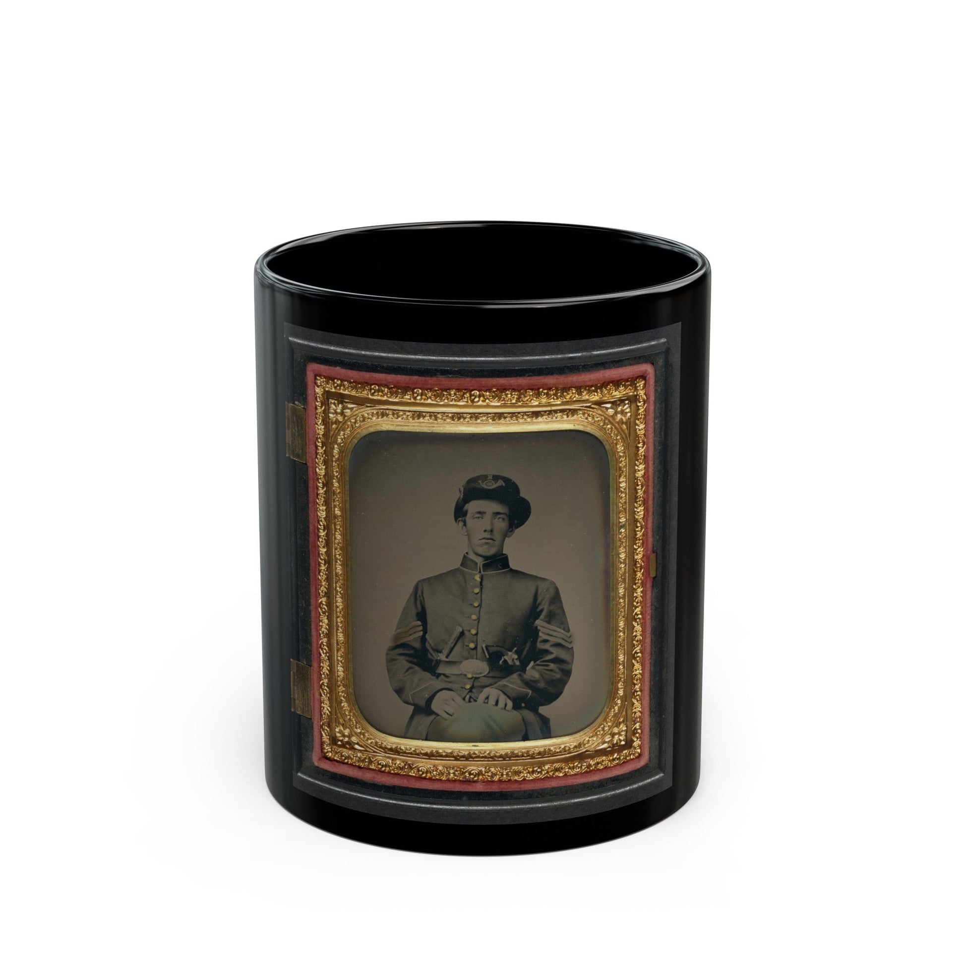 Unidentified Soldier In Union Sergeant's Uniform And Hardee Hat With Revolver And Knife (U.S. Civil War) Black Coffee Mug-11oz-The Sticker Space