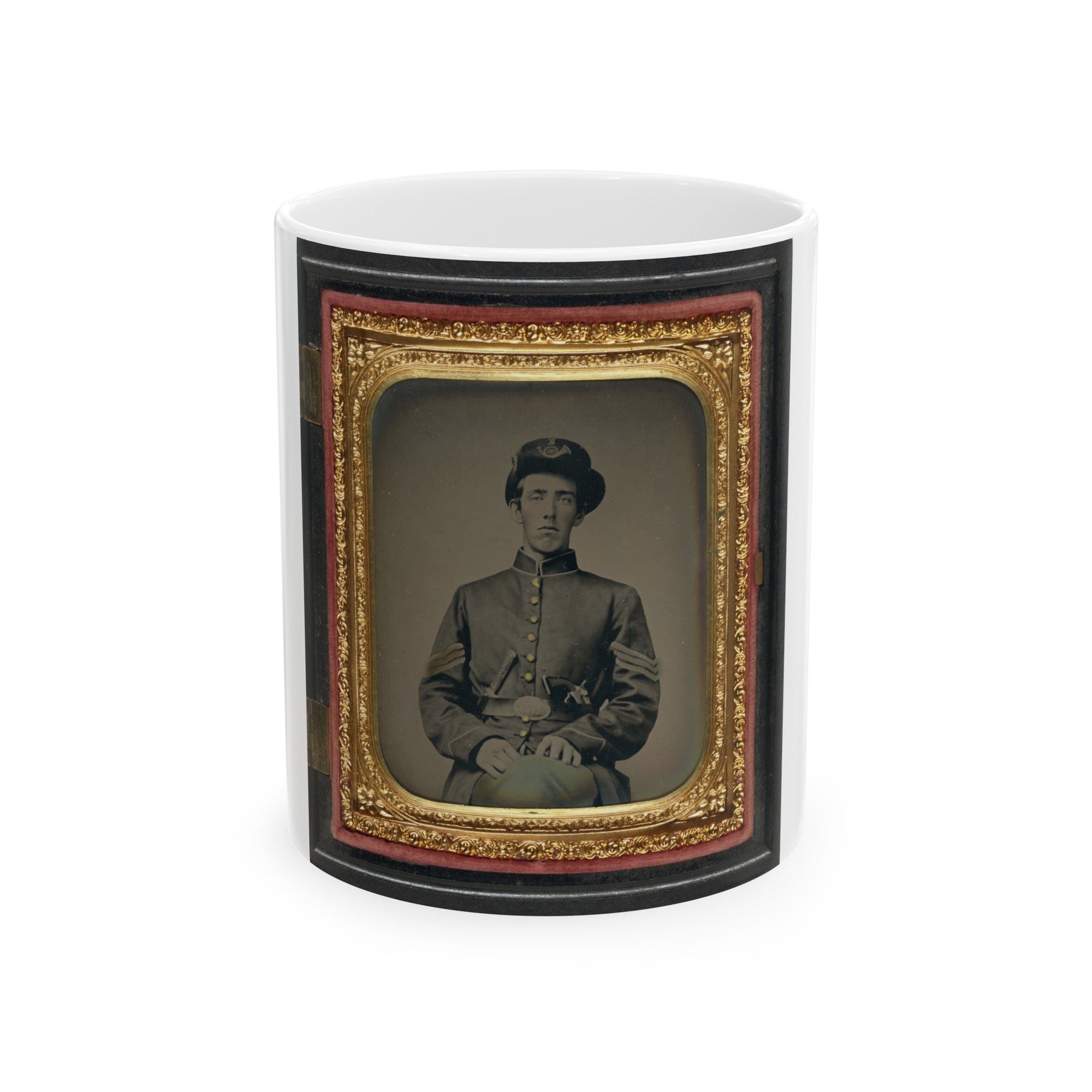 Unidentified Soldier In Union Sergeant's Uniform And Hardee Hat With Revolver And Knife (U.S. Civil War) White Coffee Mug-11oz-The Sticker Space