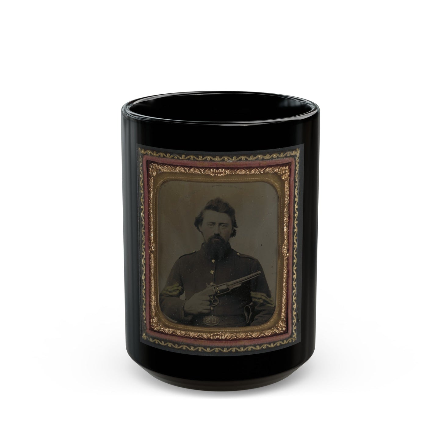 Unidentified Soldier In Union Sergeant's Uniform And U.S. Belt Buckle With Savage Revolver (U.S. Civil War) Black Coffee Mug-15oz-The Sticker Space