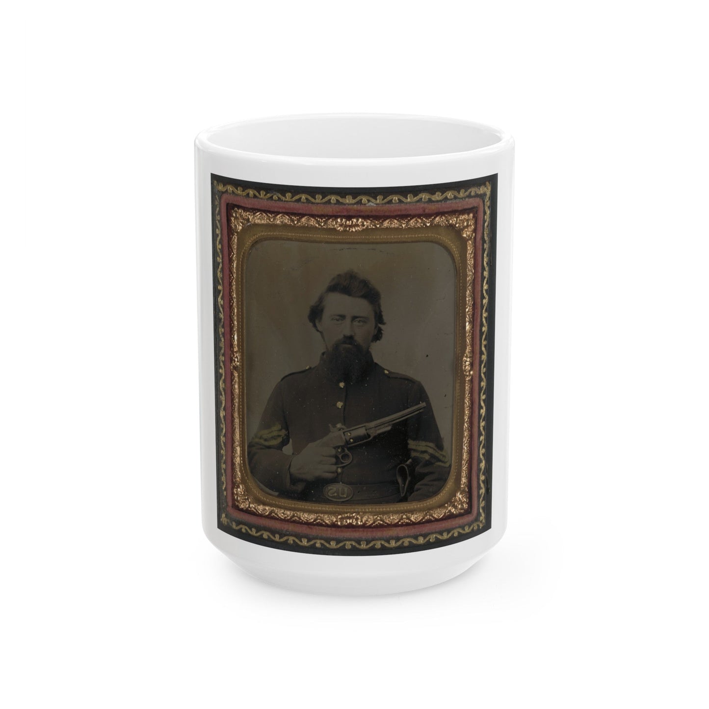 Unidentified Soldier In Union Sergeant's Uniform And U.S. Belt Buckle With Savage Revolver (U.S. Civil War) White Coffee Mug-15oz-The Sticker Space